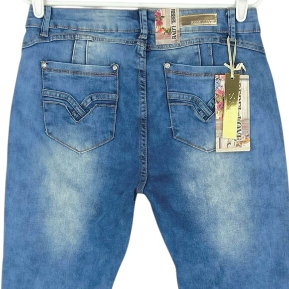 Rebel Love Women's Patch Mid Wash Blue Skinny Stretch Jeans Size 15/16 NWT - Picture 4 of 12